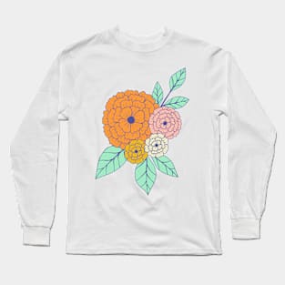 70s vintage retro flowers botanical design in dark blue Long Sleeve T-Shirt